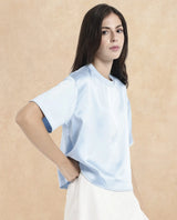 Women's Haruno Blue Short Sleeve Ribbed Collar Boxy Fit Plain Top