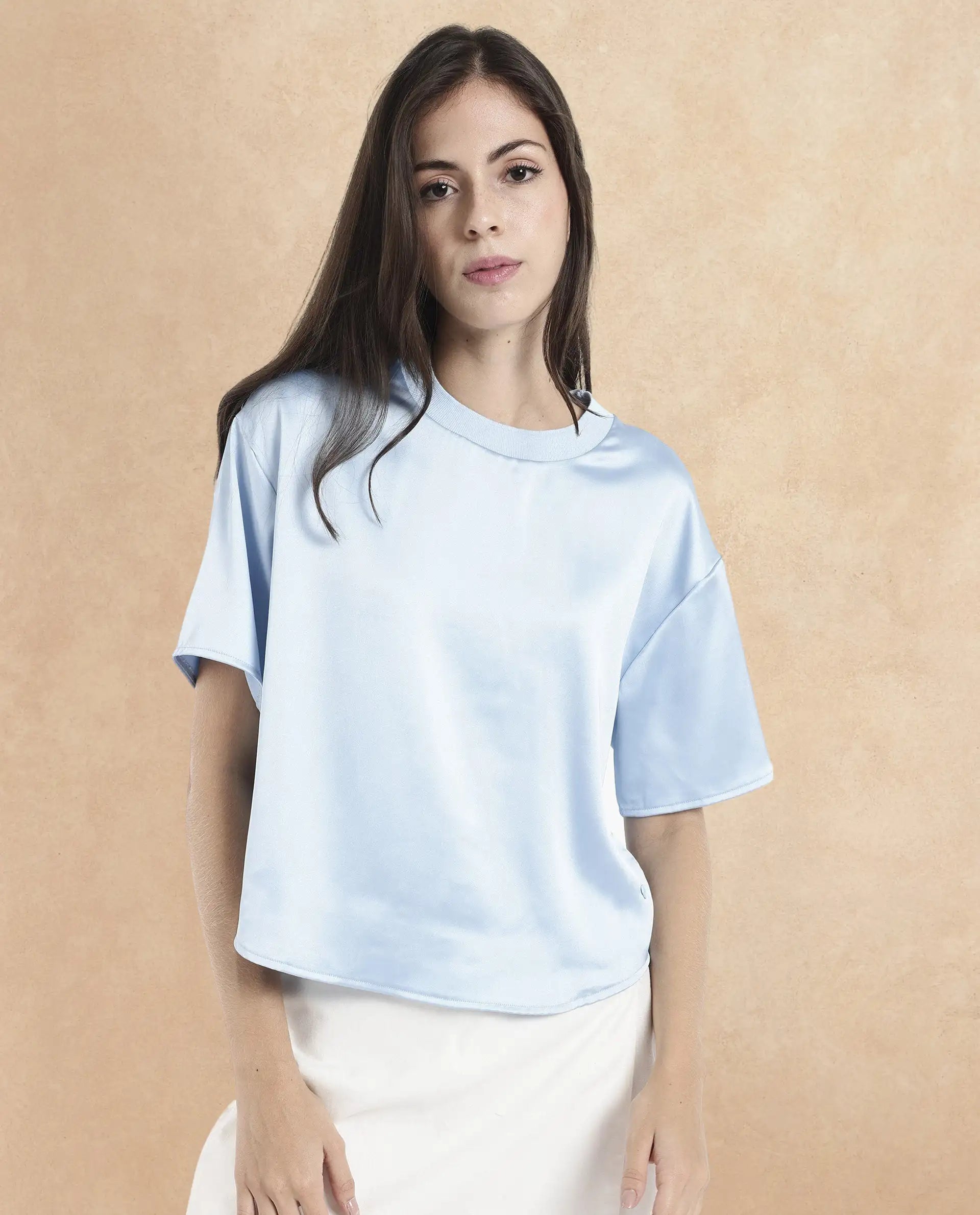 Women's Haruno Blue Short Sleeve Ribbed Collar Boxy Fit Plain Top