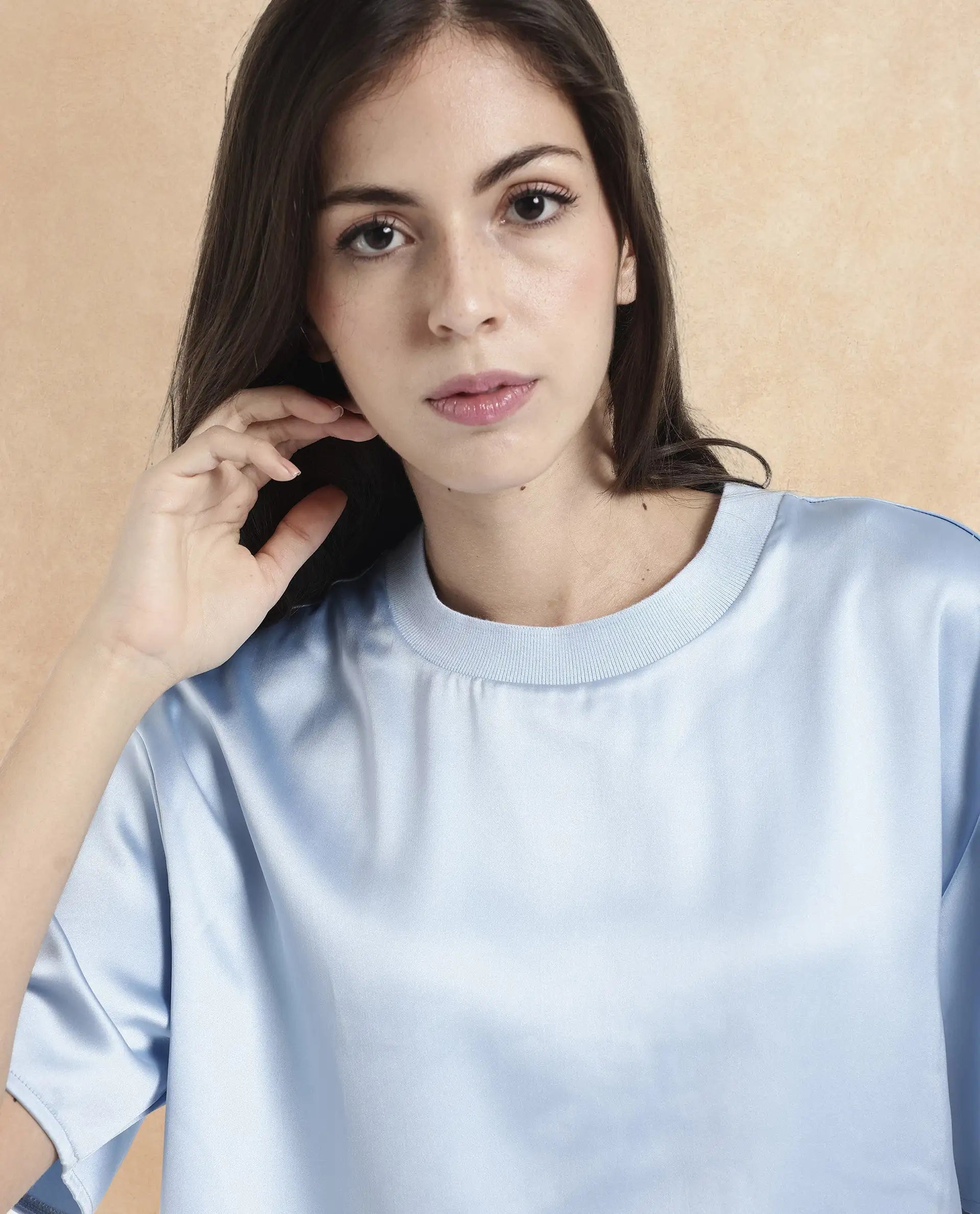 Women's Haruno Blue Short Sleeve Ribbed Collar Boxy Fit Plain Top