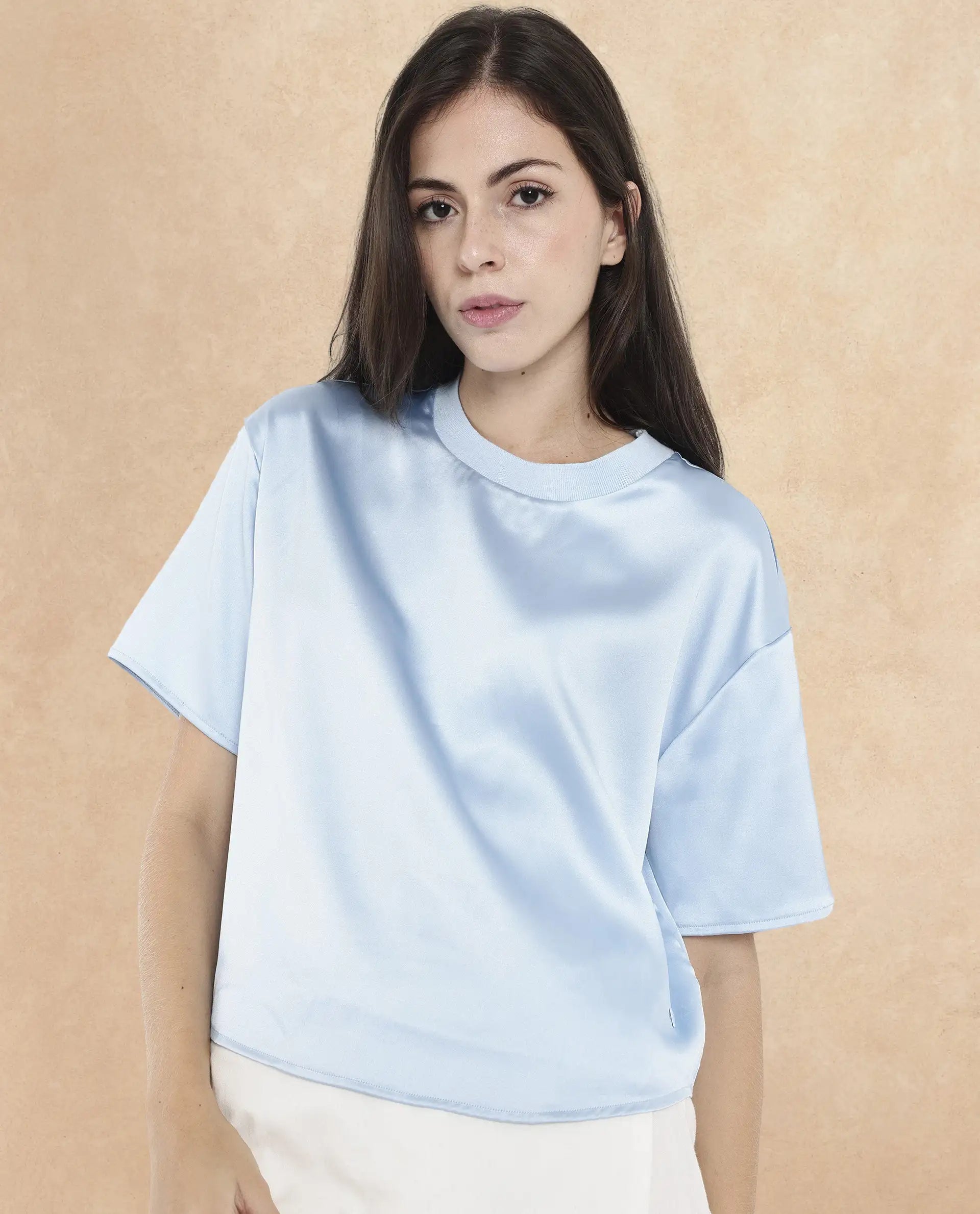 Women's Haruno Blue Short Sleeve Ribbed Collar Boxy Fit Plain Top