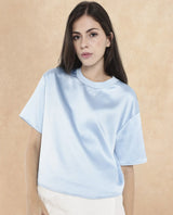 Women's Haruno Blue Short Sleeve Ribbed Collar Boxy Fit Plain Top