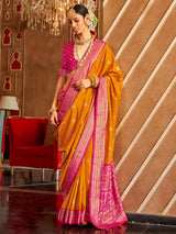 Women's Silk Blend Orange Woven Design Designer Saree With Blouse Piece
