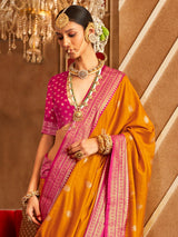 Women's Silk Blend Orange Woven Design Designer Saree With Blouse Piece