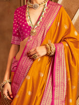 Women's Silk Blend Orange Woven Design Designer Saree With Blouse Piece