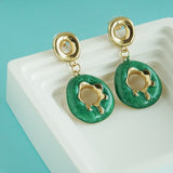 Women's Green Enamled Round Drop Stud Earring