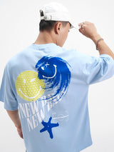 Men's Sky Blue Graphic Printed Round Neck Cotton Oversized Tshirt