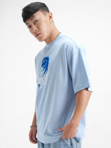 Men's Sky Blue Graphic Printed Round Neck Cotton Oversized Tshirt