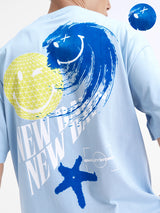 Men's Sky Blue Graphic Printed Round Neck Cotton Oversized Tshirt