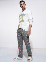 Men's Off White and Grey Disney Mickey Mouse Round Neck Relaxed Fit Tshirt With Payjama