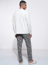 Men's Off White and Grey Disney Mickey Mouse Round Neck Relaxed Fit Tshirt With Payjama