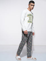 Men's Off White and Grey Disney Mickey Mouse Round Neck Relaxed Fit Tshirt With Payjama