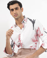 Men's White Casual Regular Fit Printed Full Sleeves Shirt