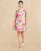 Women's Multicolor Henkim Polyester Blend Crew Neck Floral Print Mini A-Line Dress