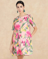 Women's Multicolor Henkim Polyester Blend Crew Neck Floral Print Mini A-Line Dress