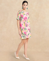 Women's Multicolor Henkim Polyester Blend Crew Neck Floral Print Mini A-Line Dress
