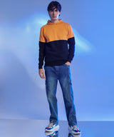 Men's Black & Mustard Yellow Pullover with Ribbed Hem Hoodie