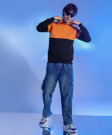 Men's Black & Mustard Yellow Pullover with Ribbed Hem Hoodie