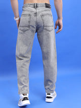 Men's Light Grey Straight Fit Clean Look Heavy Fade Cotton Jeans
