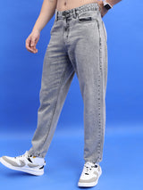 Men's Light Grey Straight Fit Clean Look Heavy Fade Cotton Jeans
