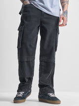 Men's Black Baggy Fit High-Rise Clean Look Cargo Styles Zip Non Stretchable Jeans