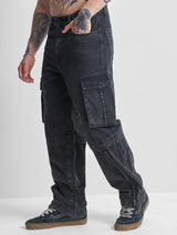 Men's Black Baggy Fit High-Rise Clean Look Cargo Styles Zip Non Stretchable Jeans