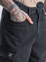 Men's Black Baggy Fit High-Rise Clean Look Cargo Styles Zip Non Stretchable Jeans