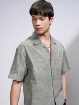 Men's Green Sulphur Washed Cuban Collar Oversized Shirt