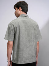 Men's Green Sulphur Washed Cuban Collar Oversized Shirt