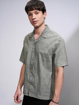 Men's Green Sulphur Washed Cuban Collar Oversized Shirt