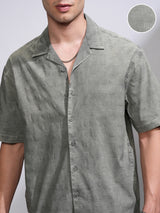 Men's Green Sulphur Washed Cuban Collar Oversized Shirt
