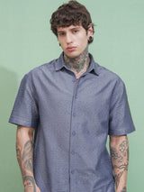 Men's Blue Comfort Fit Spread Collar Textured Casual Shirt