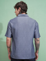 Men's Blue Comfort Fit Spread Collar Textured Casual Shirt