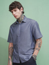 Men's Blue Comfort Fit Spread Collar Textured Casual Shirt