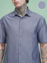 Men's Blue Comfort Fit Spread Collar Textured Casual Shirt