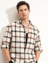 Men's Cream and Balck Relaxed Fit Checked Spread Collar Casual Shirt