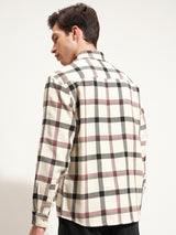 Men's Cream and Balck Relaxed Fit Checked Spread Collar Casual Shirt