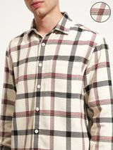 Men's Cream and Balck Relaxed Fit Checked Spread Collar Casual Shirt