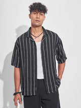 Men's Black Oversized Fit Vertical Striped Cuban Collar Casual Shirt