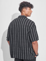 Men's Black Oversized Fit Vertical Striped Cuban Collar Casual Shirt