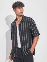 Men's Black Oversized Fit Vertical Striped Cuban Collar Casual Shirt