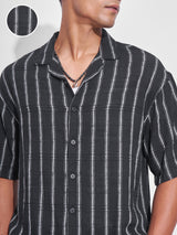 Men's Black Oversized Fit Vertical Striped Cuban Collar Casual Shirt