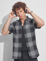 Men's Black and Off White Relaxed Fit Checked Dobby Weave Cotton Casual Shirt