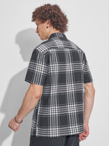 Men's Black and Off White Relaxed Fit Checked Dobby Weave Cotton Casual Shirt