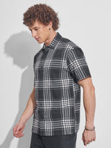 Men's Black and Off White Relaxed Fit Checked Dobby Weave Cotton Casual Shirt