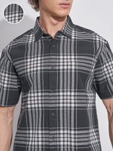 Men's Black and Off White Relaxed Fit Checked Dobby Weave Cotton Casual Shirt
