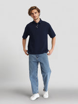 Men's Navy Blue Solid Polo Collar Relaxed Fit Tshirt