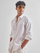 Men's White Printed Spread Collar Slim Fit Casual Shirt