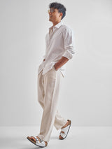Men's White Printed Spread Collar Slim Fit Casual Shirt