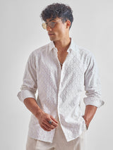 Men's White Printed Spread Collar Slim Fit Casual Shirt