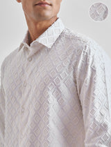 Men's White Printed Spread Collar Slim Fit Casual Shirt
